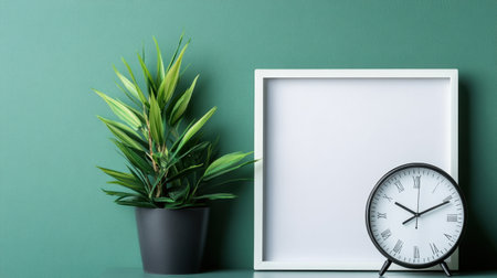A minimalist workspace featuring a potted plant, a blank frame, and a modern clock against a soothing green background, creating a calming atmosphere.の素材