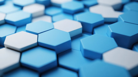 This modern abstract image features a hexagonal pattern in varying shades of blue and white, creating a visually striking three-dimensional texture ideal for backgrounds and design projects.の素材