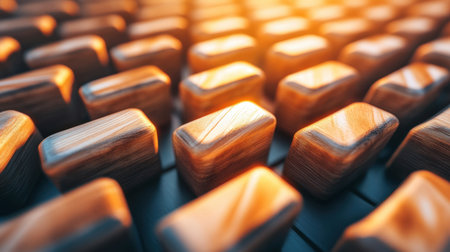An artistic representation of wooden blocks arranged in a pattern, illuminated by warm light, showcasing intricate textures and reflections in a contemporary style.の素材