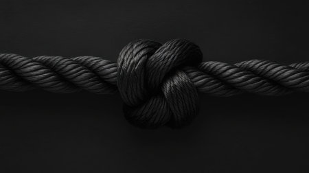 This image features a meticulously tied knot in black rope against a dark background, highlighting the craftsmanship and texture in a minimalist style.の素材