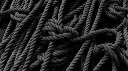 A striking abstract image showcasing a tangled mass of black and grey rope. Ideal for designs needing texture or nautical themes, this close-up captures the intricate details of interwoven fibers, bringing a sense of depth and complexity to your projects.の素材