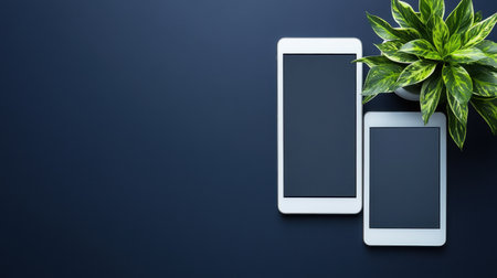 A serene workspace featuring two sleek tablets beside a vibrant potted plant on a dark surface, embodying modern technology and natural beauty.の素材