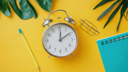 A vintage alarm clock sits on a vivid yellow background, surrounded by stationery items and green leaves, symbolizing time management and productivity.の素材