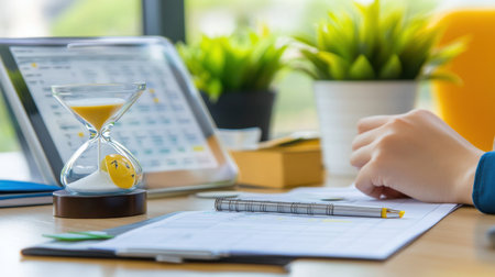 This image captures a modern desk workspace featuring an hourglass, a tablet, and a succulent plant, emphasizing themes of time management and productivity in a serene office environment.の素材