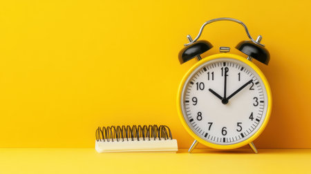 A vintage yellow alarm clock sits next to a white spiral notebook on a vibrant yellow background, symbolizing time management and productivity themes.の素材