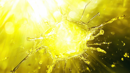 A stunning high-resolution image showcasing a vibrant yellow water splash that creates a dynamic burst of droplets under bright sunlight, enhancing a sense of energy.の素材