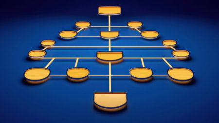 This abstract diagram showcases circular nodes with connecting lines, designed on a smooth blue background, illustrating concepts of connectivity and organization.の素材