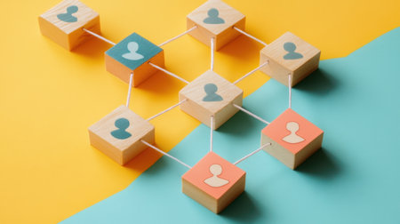 This image showcases a creative representation of social connections using wooden blocks and abstract avatars against a vibrant yellow and blue background, symbolizing networks.の素材