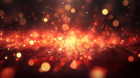 This vibrant abstract background features glowing particles and bokeh lights in warm tones of orange and red, creating a magical and dynamic atmosphere.の素材