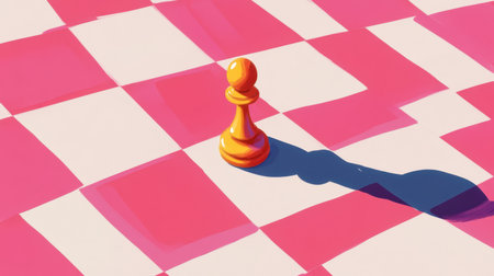 A vibrant orange chess pawn stands alone on a bright pink checkerboard background, creating an engaging and whimsical visual scene full of creativity and fun.の素材