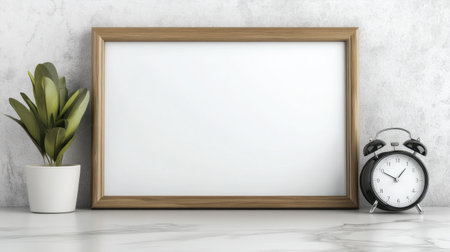 This minimalist scene features an empty wooden picture frame, a small potted plant, and a vintage alarm clock on a marble table, creating a serene atmosphere.の素材