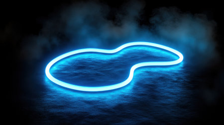 This image features a glowing neon blue light outline of an abstract shape against a dark background with smoky effects, perfect for creative projects.の素材
