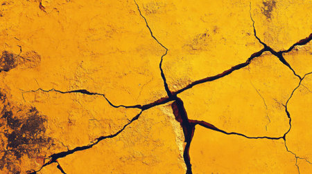 This image showcases a close-up view of a cracked dry earth surface in vibrant yellow hues, highlighting drought effects and natural textures.の素材