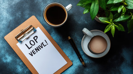A cozy workspace featuring a cup of coffee, a notepad on a clipboard, and a green plant. Perfect for illustrating productivity and relaxation in a modern setting.の素材