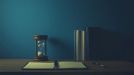 This serene workspace features a classic hourglass, an open notebook, and neatly arranged books on a wooden table, creating a tranquil atmosphere.の素材
