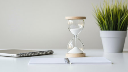 A serene hourglass placed on a clean desk setup featuring a notebook, tablet, and a green plant, highlighting themes of time management and minimalism.の素材