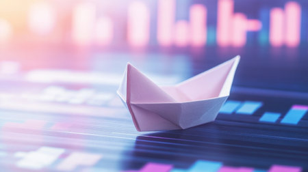 A paper boat rests on a digital financial landscape, illustrating the intersection of creativity and investment. The vibrant charts represent fluctuating markets, embodying risk and opportunity in finance.の素材