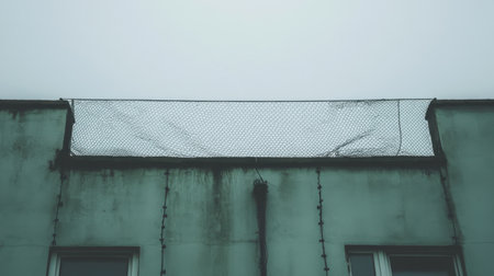 A weathered building features a rusty fence atop, with a foggy sky creating a moody atmosphere. This image evokes feelings of isolation and abandonment.の素材