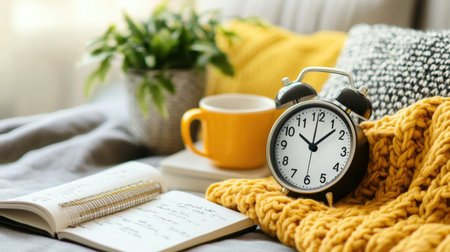A cozy morning setup featuring a classic alarm clock, a warm yellow knit blanket, a cup of coffee, and a vibrant houseplant. Ideal for lifestyle themes.の素材