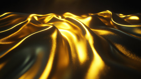 Captivating close-up of shimmering golden fabric waves, beautifully reflecting soft light, creating an ethereal atmosphere filled with elegance.の素材