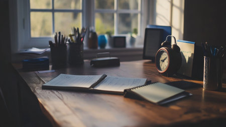 A serene workspace featuring notebooks, a vintage clock, and various office supplies on a wooden table, illuminated by soft natural light from a nearby window.の素材