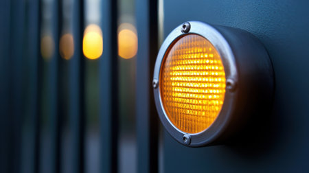 A close-up image of a yellow warning light mounted on a metal gate, providing essential visibility and caution in low-light environments or industrial sites.の素材