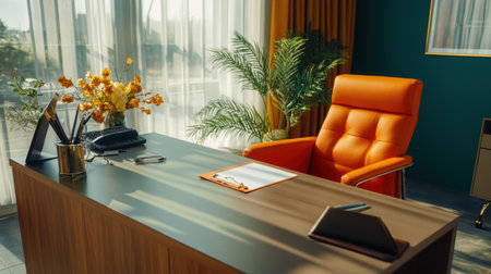 This image showcases a modern office interior featuring a bright orange chair, wooden desk, and lush plants bathed in natural light, creating an inviting workspace.の素材