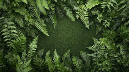 A captivating display of lush green ferns and leaves creates an inviting and tranquil atmosphere, perfect for themes of nature, wellness, and eco-friendliness.の素材