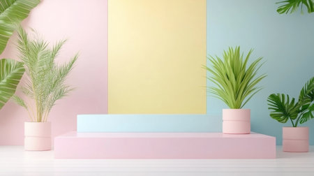 A vibrant and stylish interior design featuring pastel colors, sleek geometric shapes, and lush green plants that create a refreshing and modern ambiance.の素材