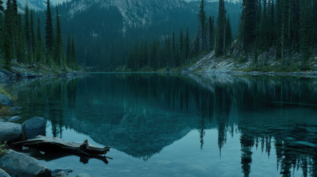 A tranquil mountain lake surrounded by towering pine trees and rocky edges, reflecting vibrant blue skies and lush greenery, perfect for nature lovers.の素材