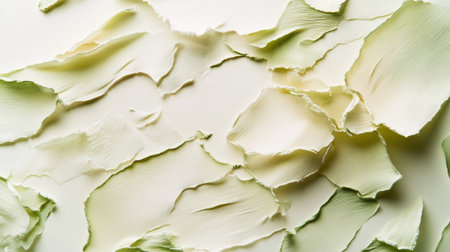 This image features an abstract arrangement of torn paper pieces in soft white and pale green, offering a calming and artistic background suitable for design projects.の素材