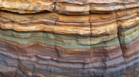 This image captures a stunning rock formation displaying vibrant geological layers in various earthy tones. The intricate textures and patterns reveal the Earth's natural history.の素材