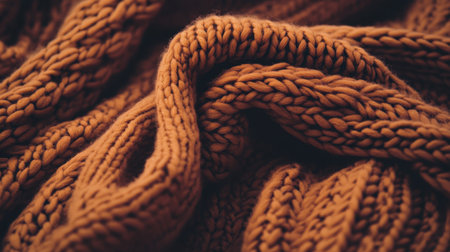 This close-up image showcases the intricate texture and detailing of a cozy knit sweater in a warm orange tone, perfect for evoking feelings of warmth and comfort.の素材