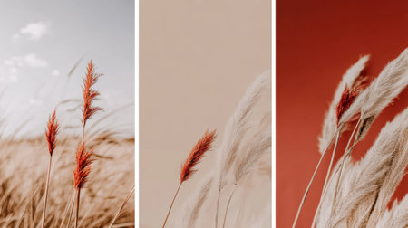 This captivating image showcases pampas grass in warm tones against colorful backgrounds, evoking feelings of tranquility and natural beauty. Perfect for artistic projects.の素材