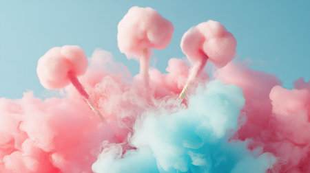 A vibrant scene featuring fluffy swirls of pink and blue cotton candy rising amidst soft clouds, evoking a sense of joy and celebration in a dreamy atmosphere.の素材