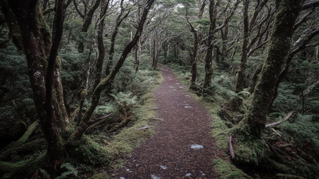 Discover a tranquil forest pathway nestled among towering trees and rich greenery, perfect for peaceful hikes and outdoor adventures in nature.の素材