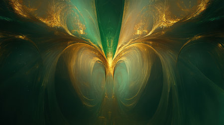 This mesmerizing abstract digital artwork showcases swirling green and gold patterns resembling organic shapes, perfect for creative backgrounds and designs.の素材