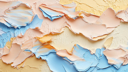 This abstract image features soft pastel colors in layered textures of peach, blue, and cream, ideal for creative projects, wallpapers, or artistic designs.の素材
