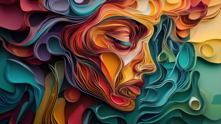 This stunning artwork showcases an abstract representation of a human face created from intricately layered paper. The vibrant colors and flowing lines convey deep emotion and creativity, making it a perfect piece for modern art enthusiasts.の素材