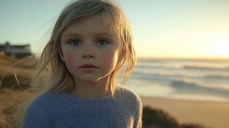 A serene portrait of a young child with long hair standing on the beach during sunset. The warm light creates a magical atmosphere filled with innocence and tranquility.の素材