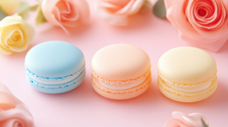 Delightful arrangement of three colorful macaronsの素材