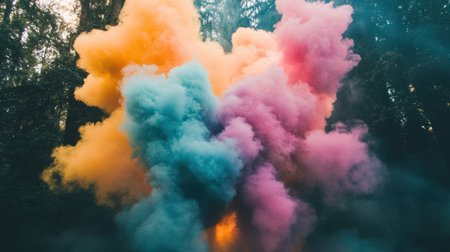 A stunning explosion of colorful smoke fills the forest air, blending hues of blue, pink, and orange. The enchanting scene is surrounded by lush trees, creating a magical atmosphere.の素材