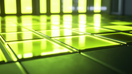 Vibrant green glowing tiles create a modern and stylish floor in this abstract image. The glossy reflections enhance the contemporary ambiance, perfect for design inspiration.の素材