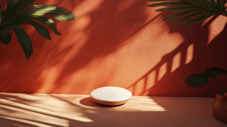 This photograph features a minimalist ceramic dish placed on a wooden surface, bathed in natural light and soft shadows against a warm orange wall. Ideal for home decor and design themes.の素材