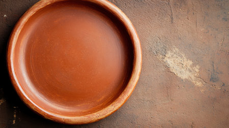 A rustic clay plate rests on an earthy background, showcasing traditional pottery craftsmanship. The warm tones and simple design evoke a sense of natural beauty and culture.の素材