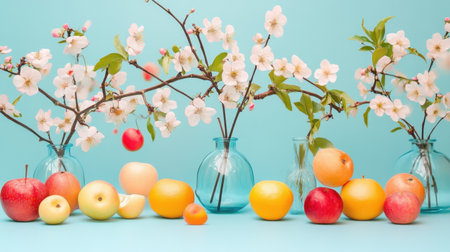 This vibrant and colorful composition features fresh fruits alongside delicate cherry blossom branches in glass vases, set against a soothing blue background.の素材