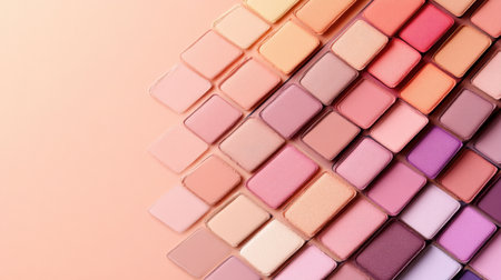 A vibrant flat lay displaying a beautiful assortment of soft pastel makeup shades, perfect for beauty lovers and makeup artists, showcasing colors ideal for any look.の素材