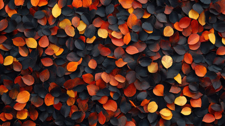 A stunning display of autumn leaves in rich hues of red, orange, yellow, and black forms a warm and inviting texture for seasonal decor or backgrounds.の素材