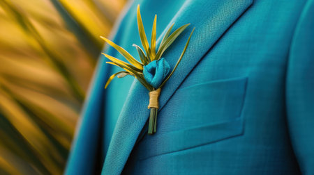 A striking close-up of a groom's suit featuring a vibrant blue boutonniere, set against a lush natural backdrop, perfect for wedding inspiration.の素材