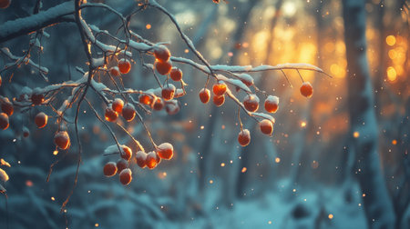 A stunning winter scene showcasing snow-covered tree branches with frosty fruits, illuminated by a warm sunrise, creating a tranquil forest atmosphere.の素材